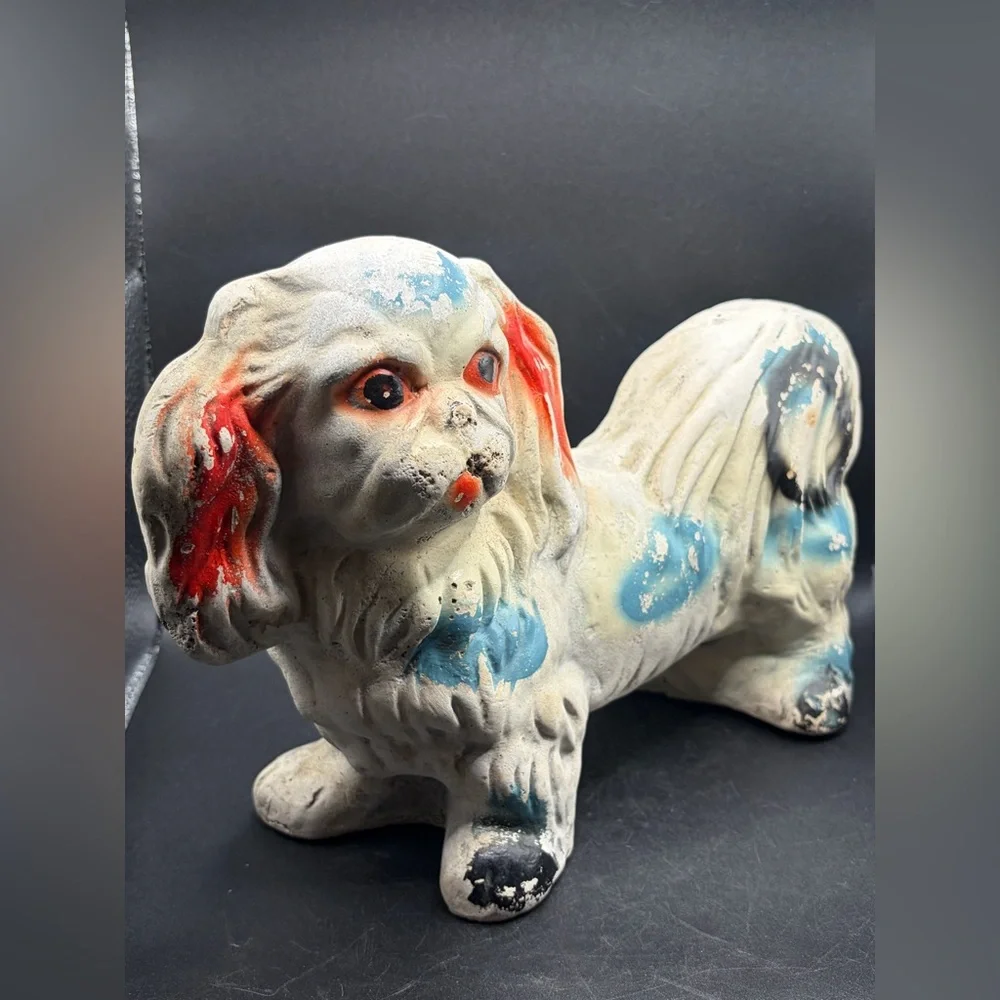 Vintage Pekingese Dog Carnival Chalkware Multicolored Statuette Figurine Figure